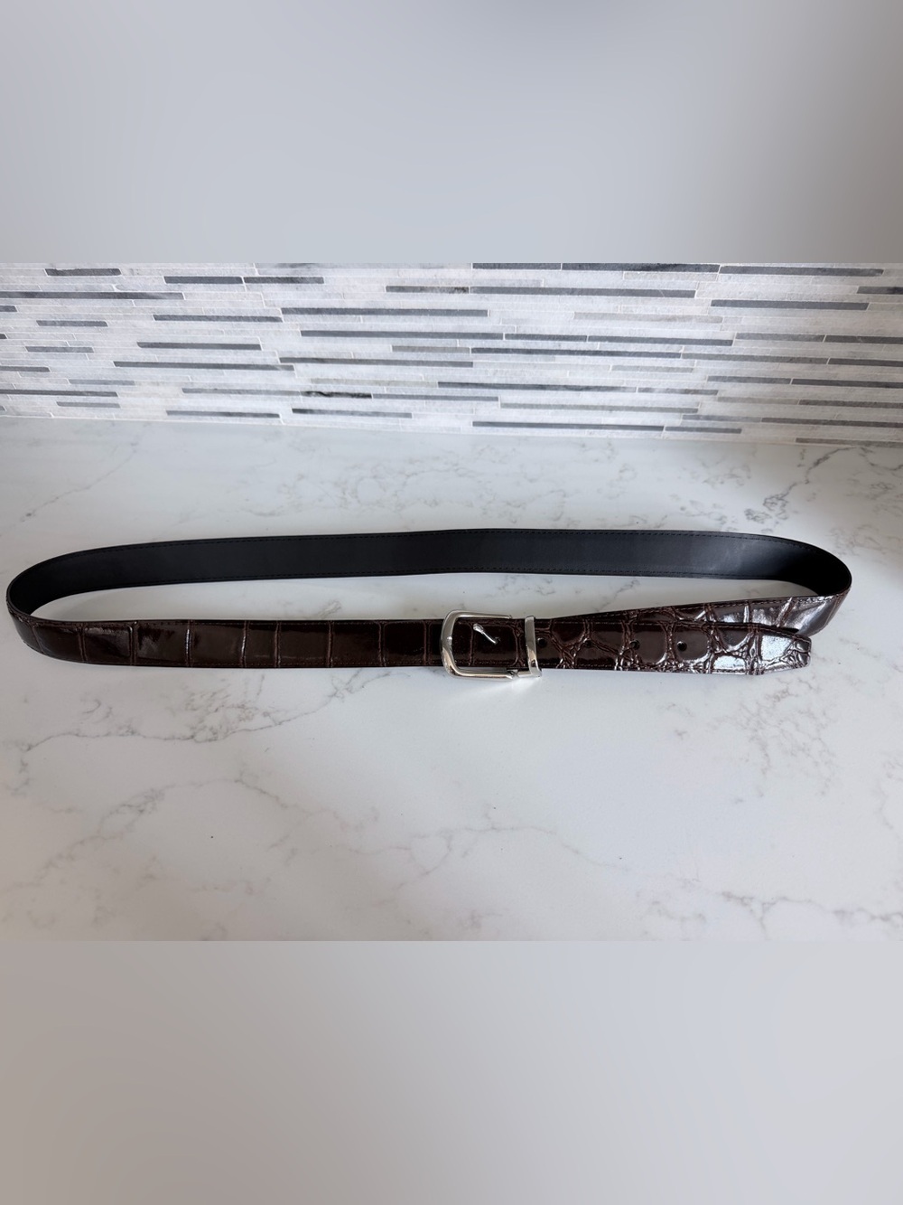 New Men's Croc-Embossed Reversible Leather Belt - Brown/Black length 47,5”